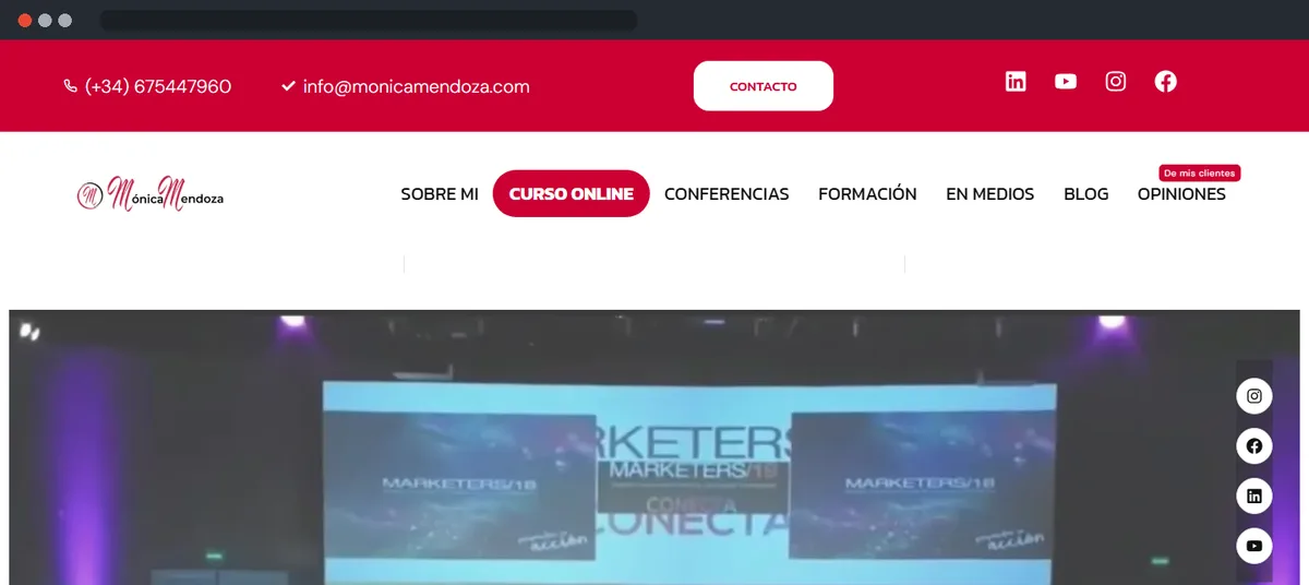 Página de inicio de la web de Mónica Mendoza, conferenciante y formadora en ventas, tras la optimización